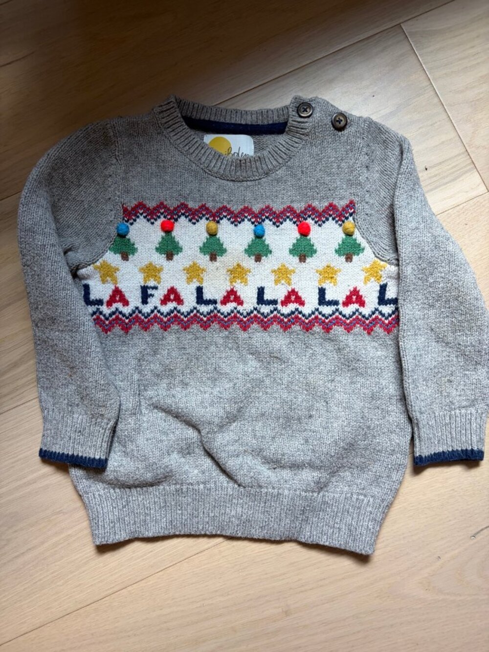 Mini Boden 3-4Y Gray Christmas FA LA LA Sweater Trees Stars Pom Pom
